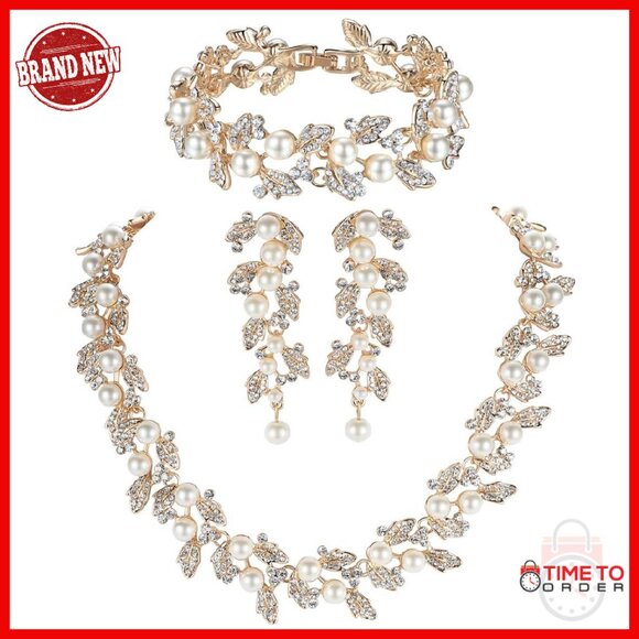 Simulated Pearl Bridal Jewelry Set with Crystal Wedding Necklace Earrings